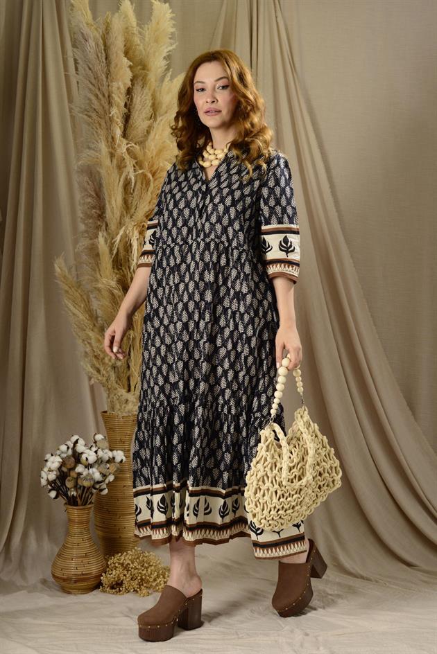 AN10623 MARIN VOLANLI DESENLİ ELBİSE