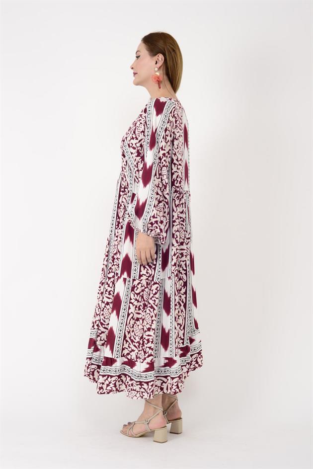 AN10647 DESENLİ V YAKA VOLAN ELBİSE