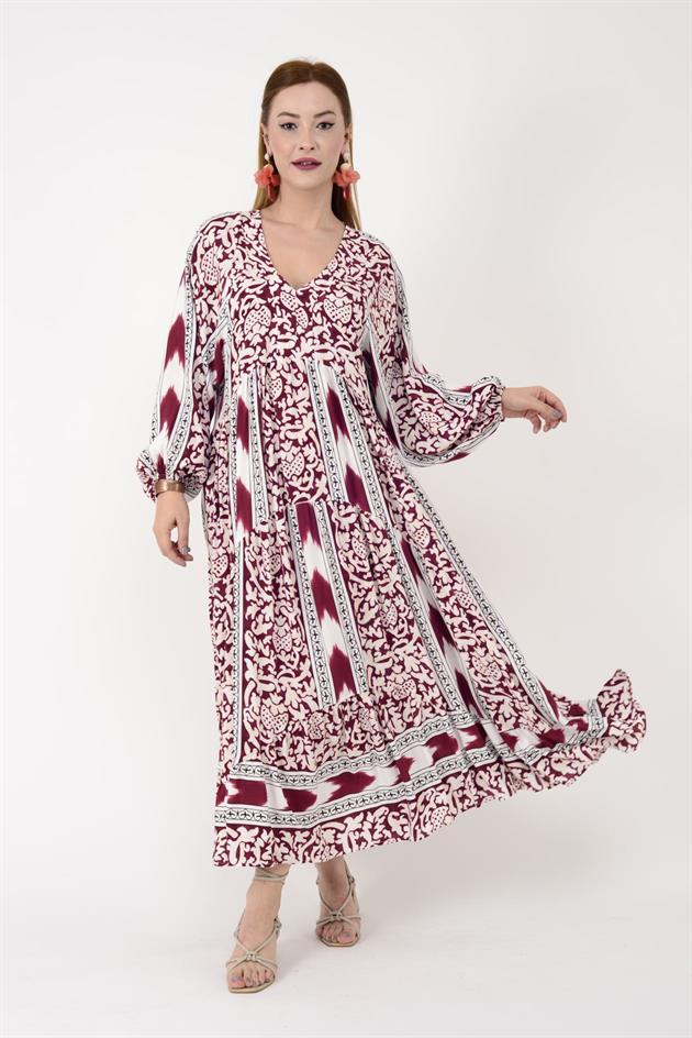 AN10647 DESENLİ V YAKA VOLAN ELBİSE