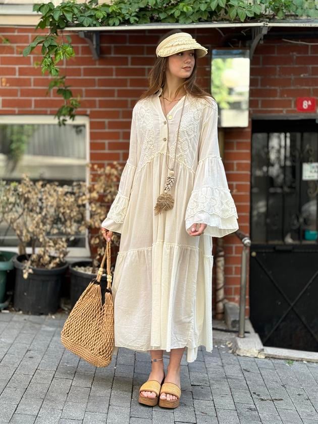 AN10659 TROMPET KOL DETAYLI İŞLEMELİ HAM ELBİSE