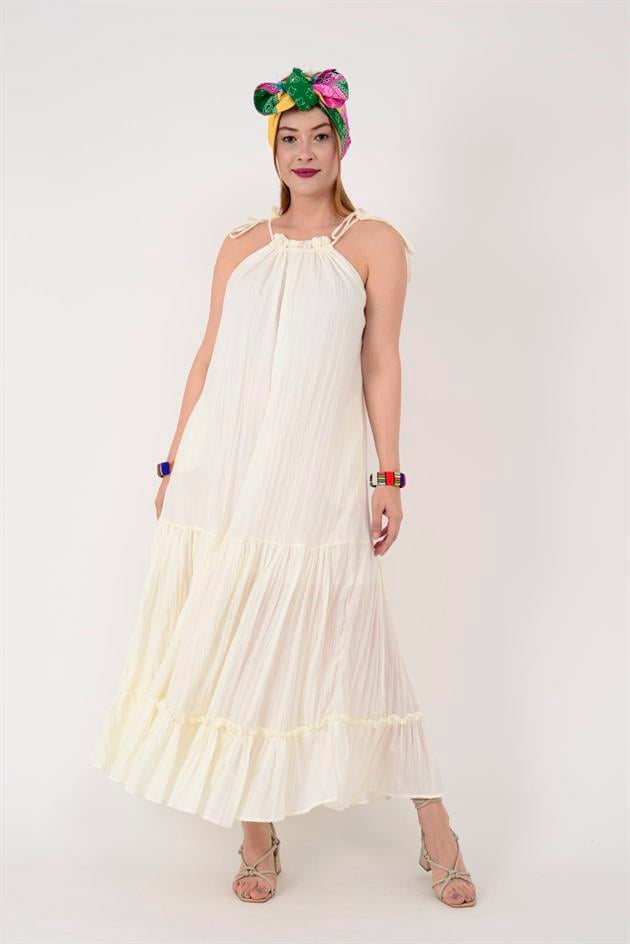 AN10663 AYARLANABİLİR ASKILI VOLANLI HAM BOHEM ELBİSE