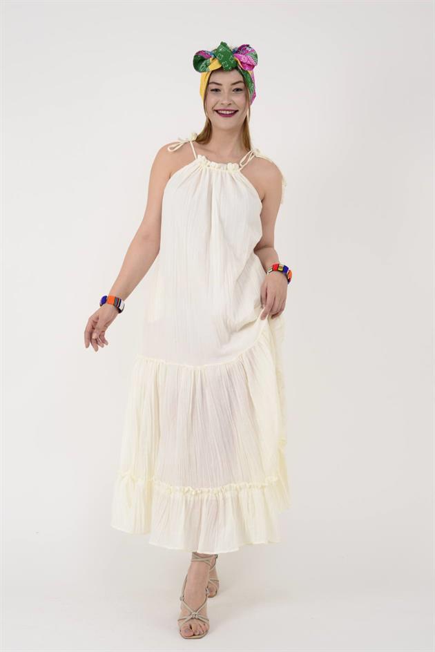 AN10663 AYARLANABİLİR ASKILI VOLANLI HAM BOHEM ELBİSE