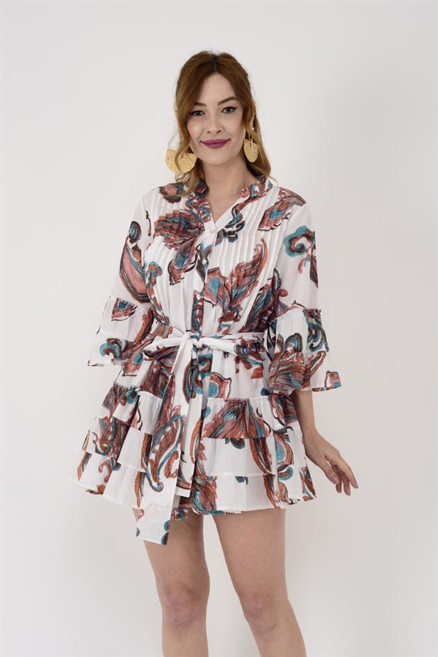 AN10666 MARIN ŞAL DESEN KEMER DETAYLI KISA ELBİSE