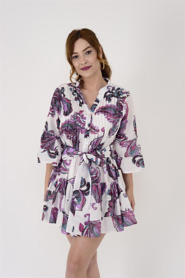 AN10666 MARIN ŞAL DESEN KEMER DETAYLI KISA ELBİSE