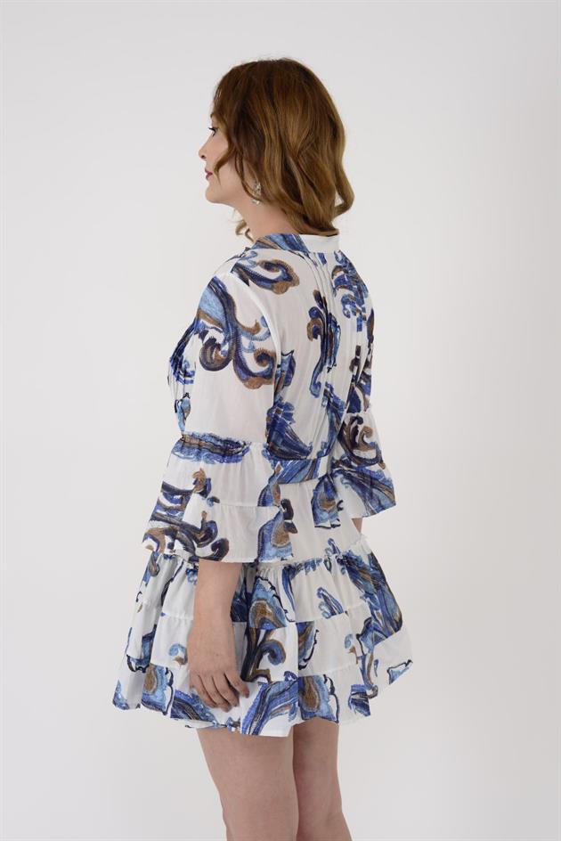 AN10666 MARIN ŞAL DESEN KEMER DETAYLI KISA ELBİSE