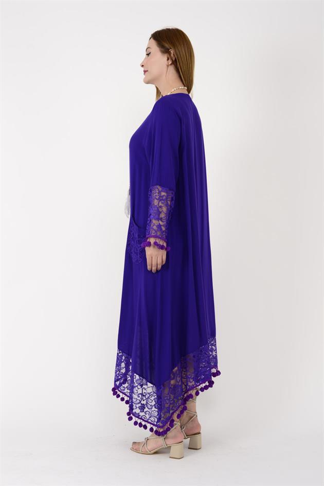 AN10677 PONPONLU DANTEL DETAYLI UZUN ELBİSE