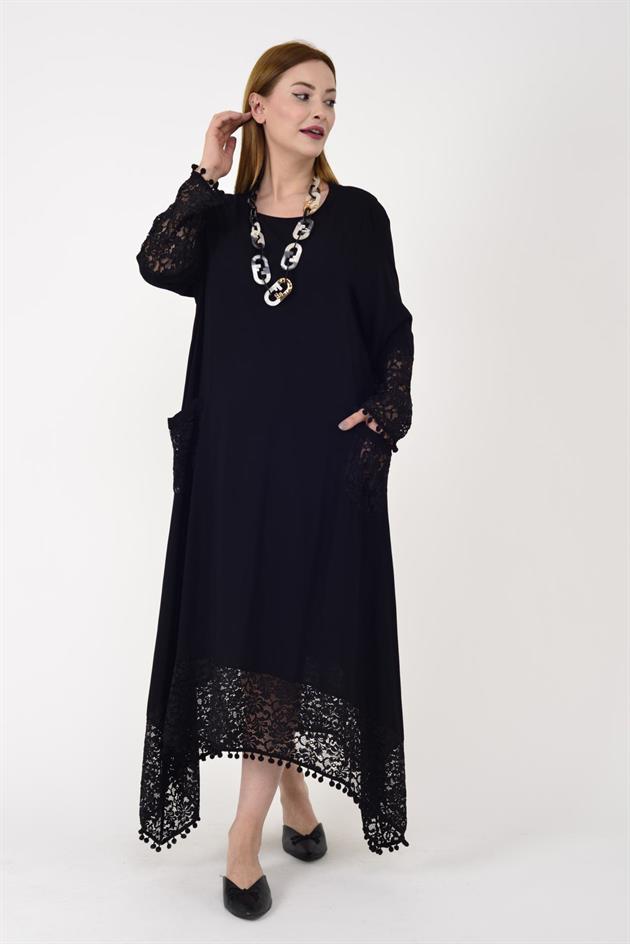 AN10677 PONPONLU DANTEL DETAYLI UZUN ELBİSE