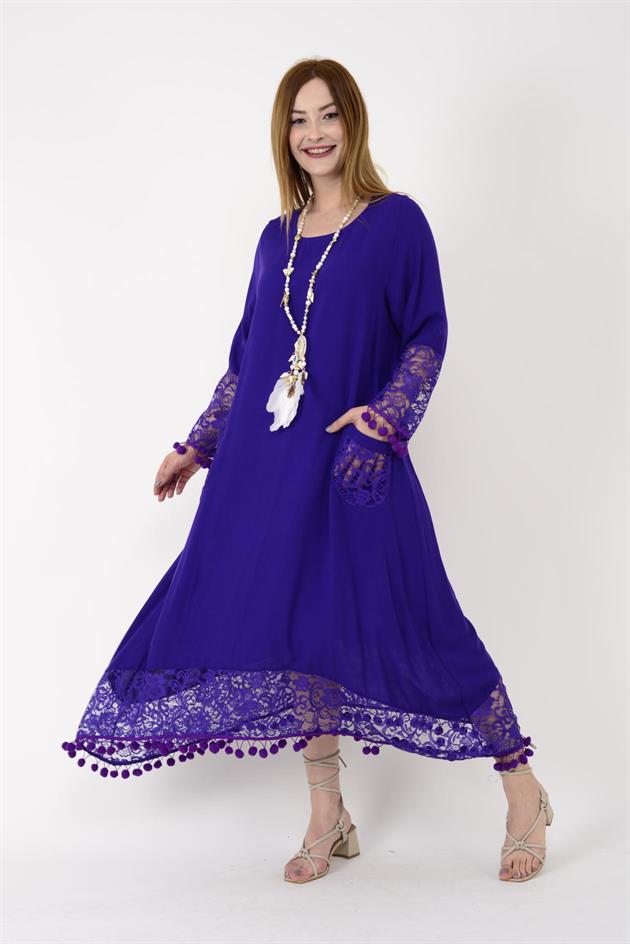 AN10677 PONPONLU DANTEL DETAYLI UZUN ELBİSE