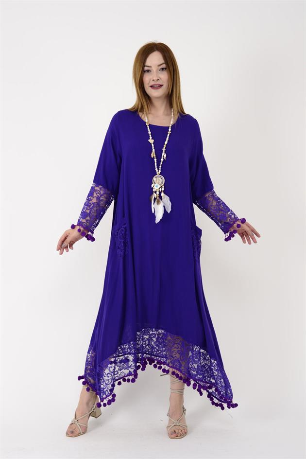 AN10677 PONPONLU DANTEL DETAYLI UZUN ELBİSE