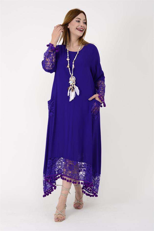 AN10677 PONPONLU DANTEL DETAYLI UZUN ELBİSE