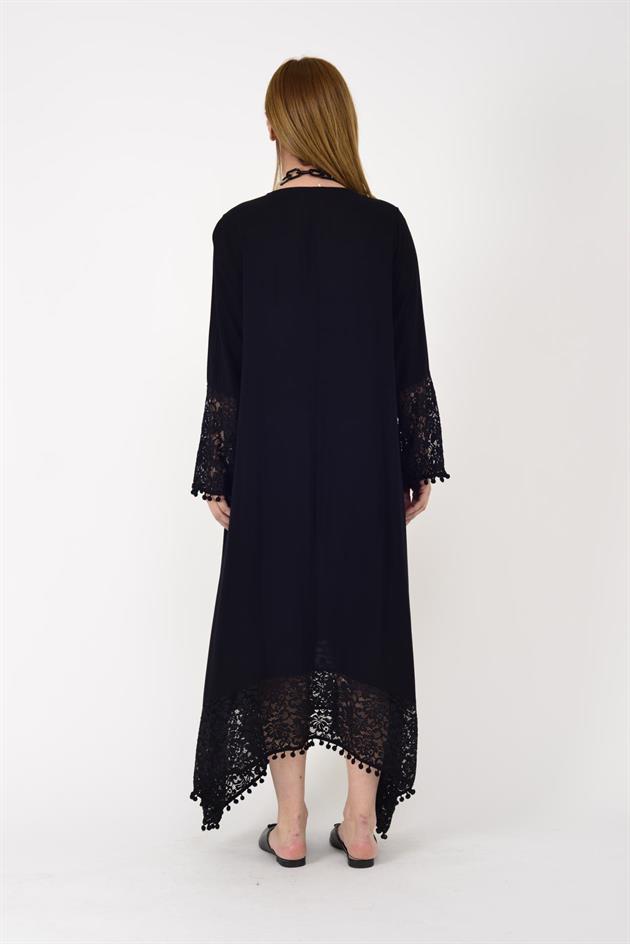 AN10677 PONPONLU DANTEL DETAYLI UZUN ELBİSE