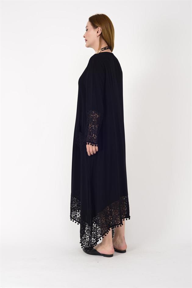 AN10677 PONPONLU DANTEL DETAYLI UZUN ELBİSE