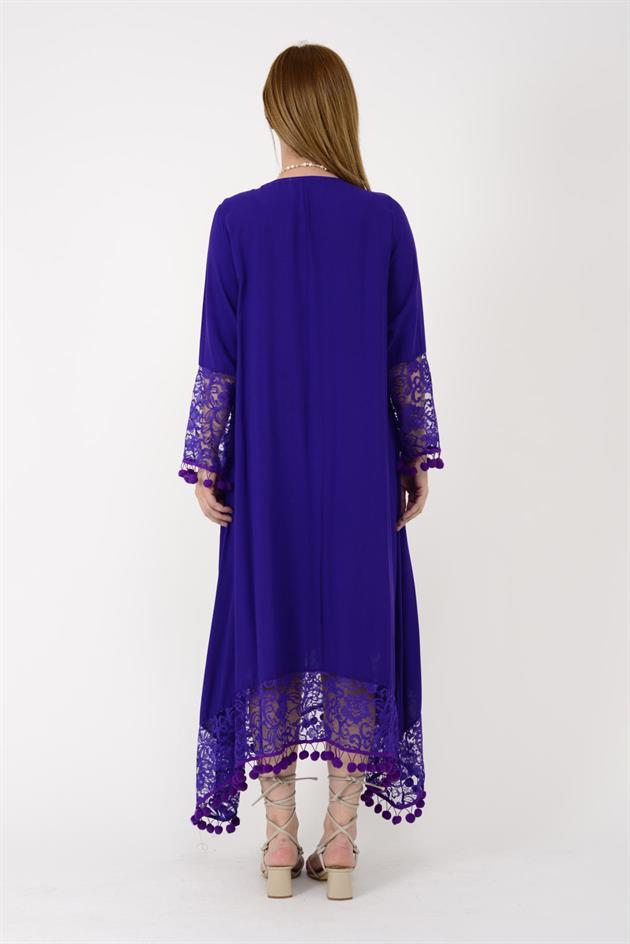 AN10677 PONPONLU DANTEL DETAYLI UZUN ELBİSE