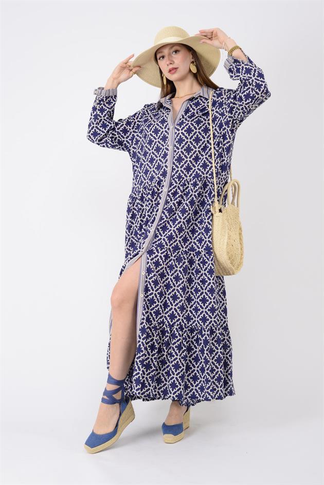 AN10684 MARIN GARNİ DETAYLI GÖMLEK ELBİSE