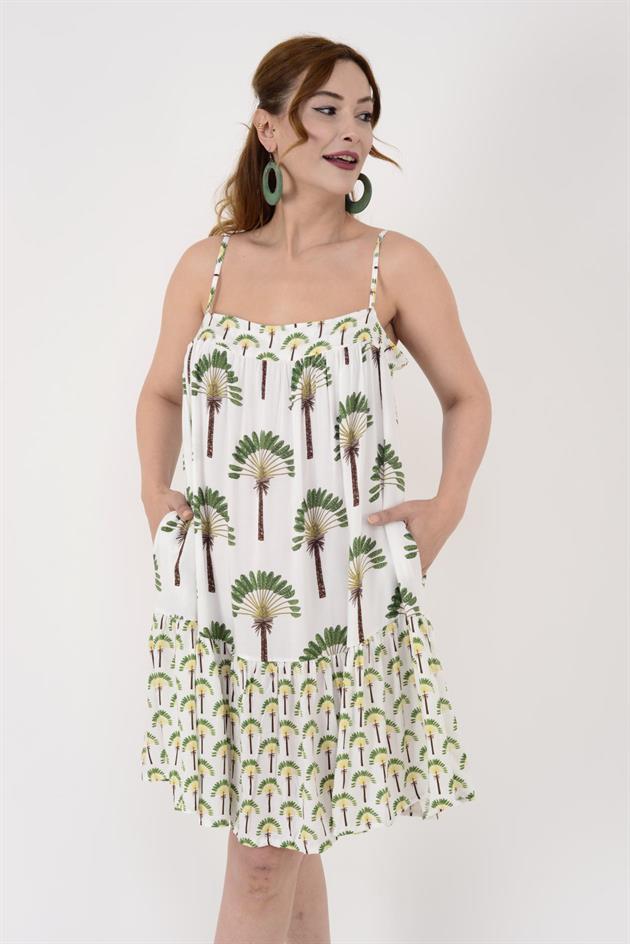 AN10692 PALMİYE DESEN ASKILI KISA ELBİSE