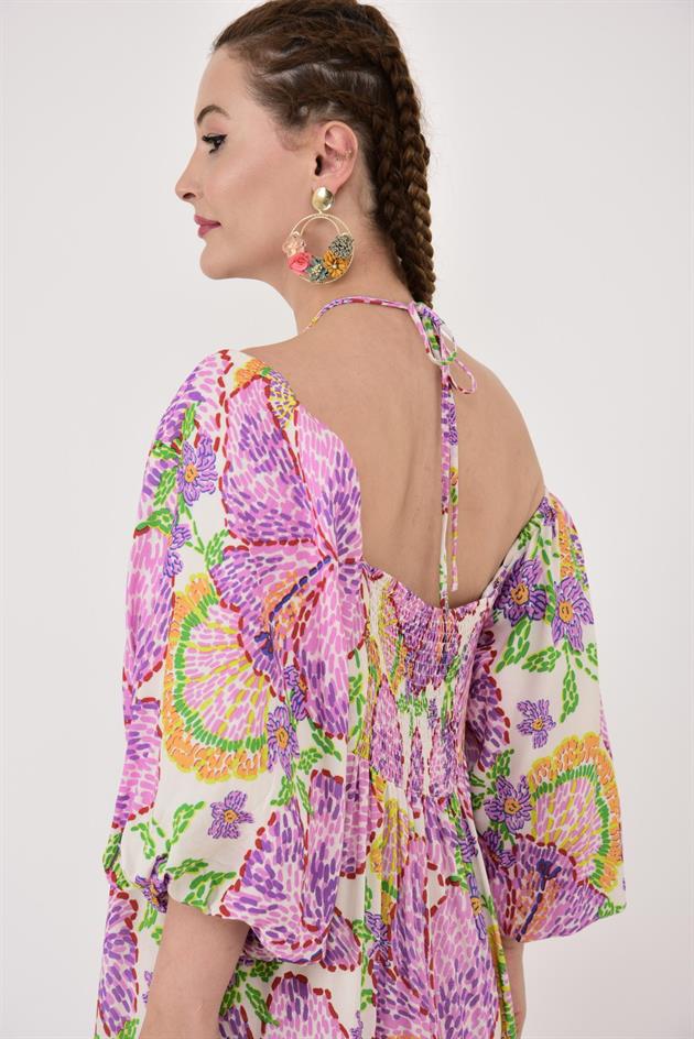 AN10706 ÇİÇEK DESEN BALON KOL ELBİSE