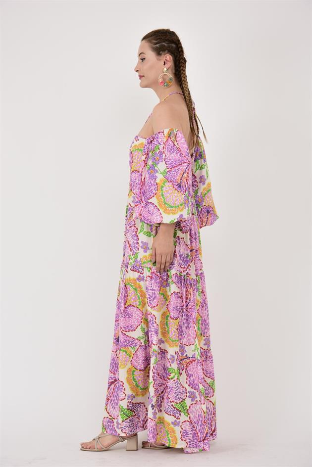 AN10706 ÇİÇEK DESEN BALON KOL ELBİSE