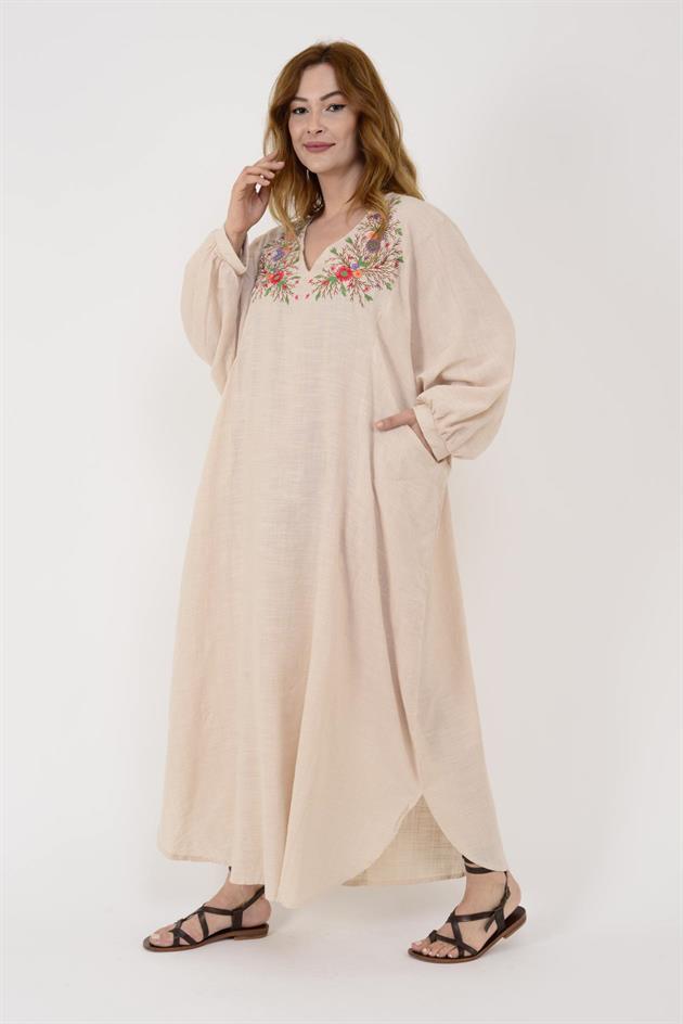 AN10707 NAKIŞ DETAYLI V YAKA ELBİSE