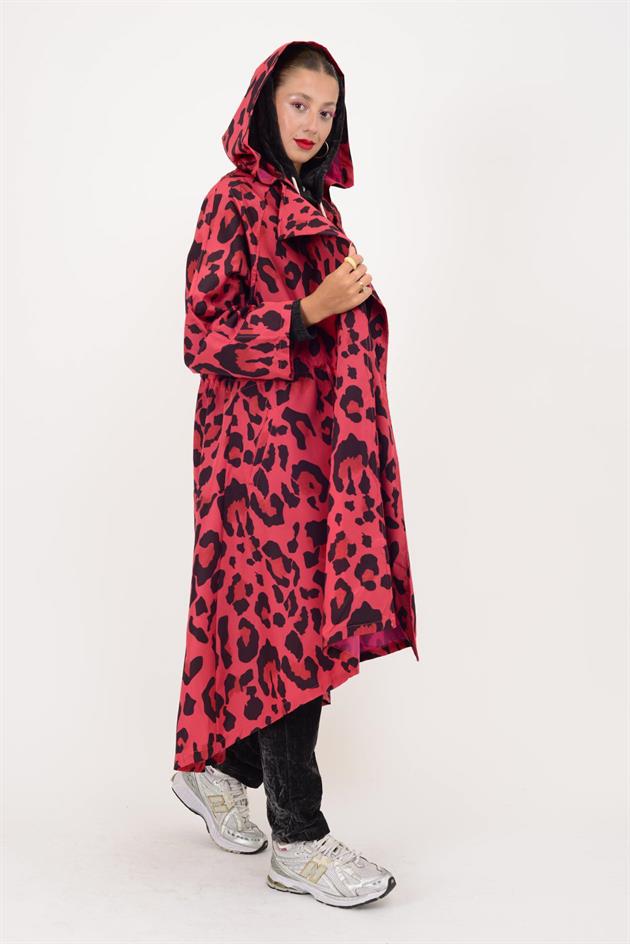 AN10720 LEOPAR DESENLİ BELİ BÜZGÜ DETAYLI YAĞMURLUK