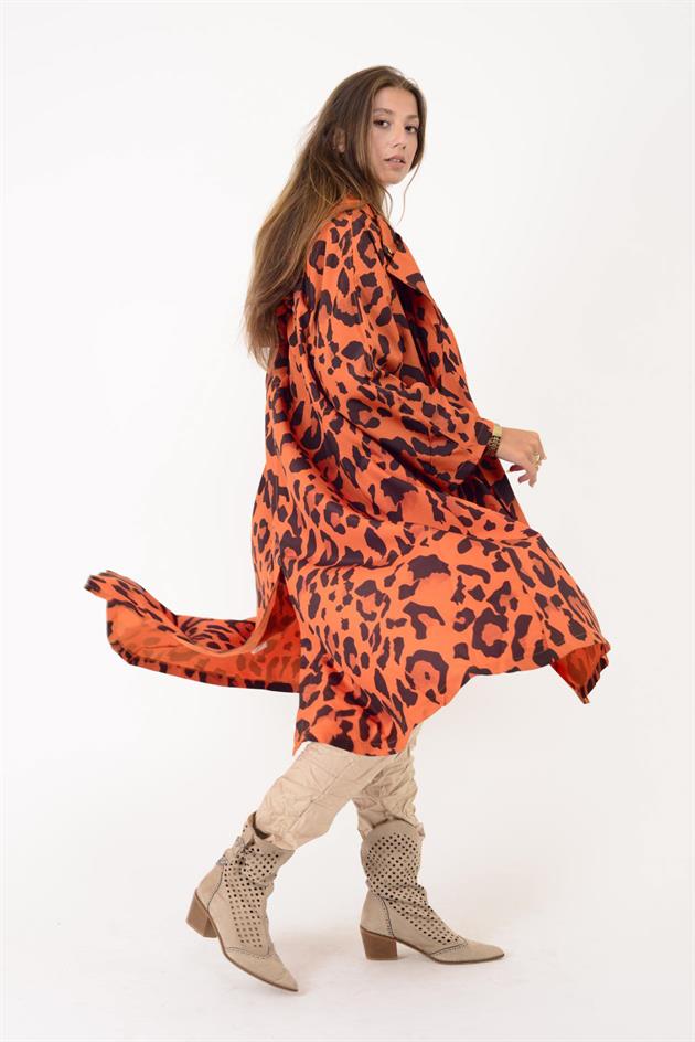AN10720 LEOPAR DESENLİ BELİ BÜZGÜ DETAYLI YAĞMURLUK