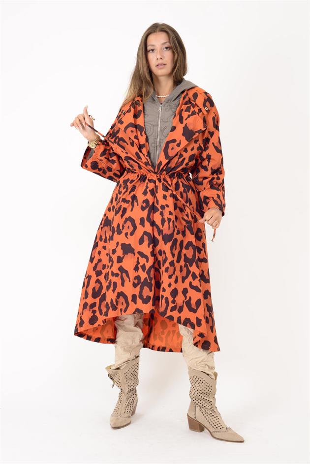 AN10720 LEOPAR DESENLİ BELİ BÜZGÜ DETAYLI YAĞMURLUK