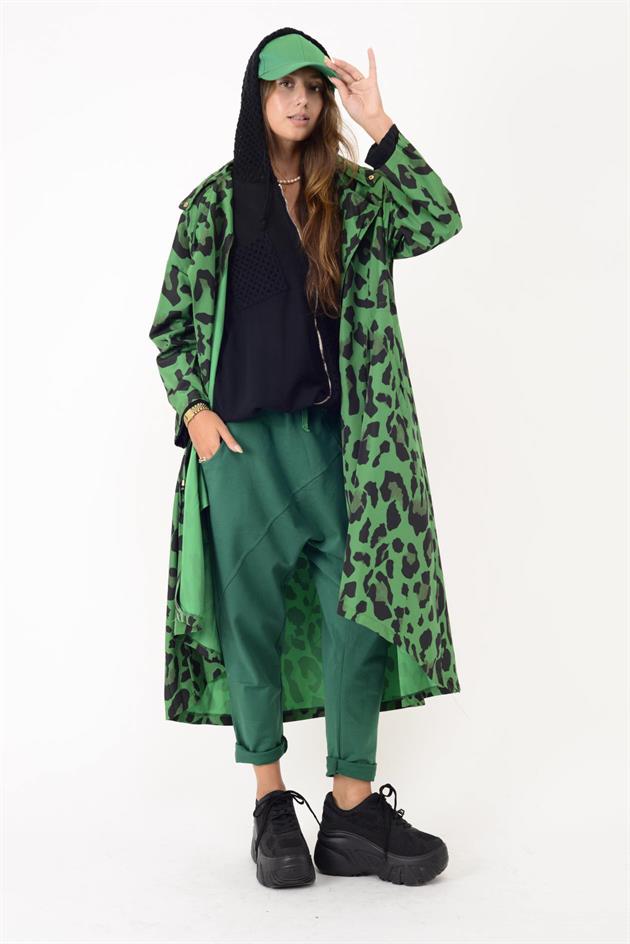 AN10720 LEOPAR DESENLİ BELİ BÜZGÜ DETAYLI YAĞMURLUK