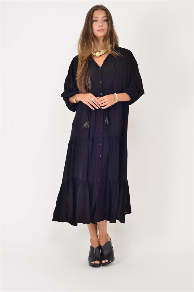 AN10728 CLEMENT BÜZGÜLÜ KOLLU PÜSKÜL DETAYLI VOLANLI ELBİSE