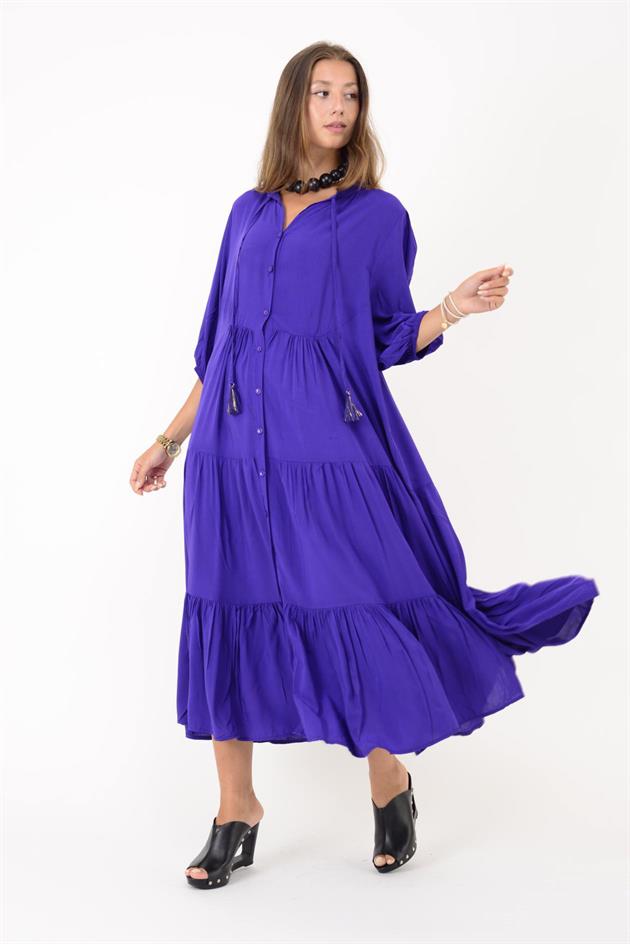 AN10728 CLEMENT BÜZGÜLÜ KOLLU PÜSKÜL DETAYLI VOLANLI ELBİSE