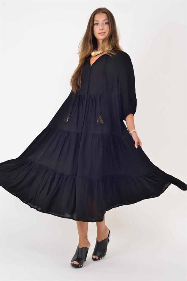 AN10728 CLEMENT BÜZGÜLÜ KOLLU PÜSKÜL DETAYLI VOLANLI ELBİSE