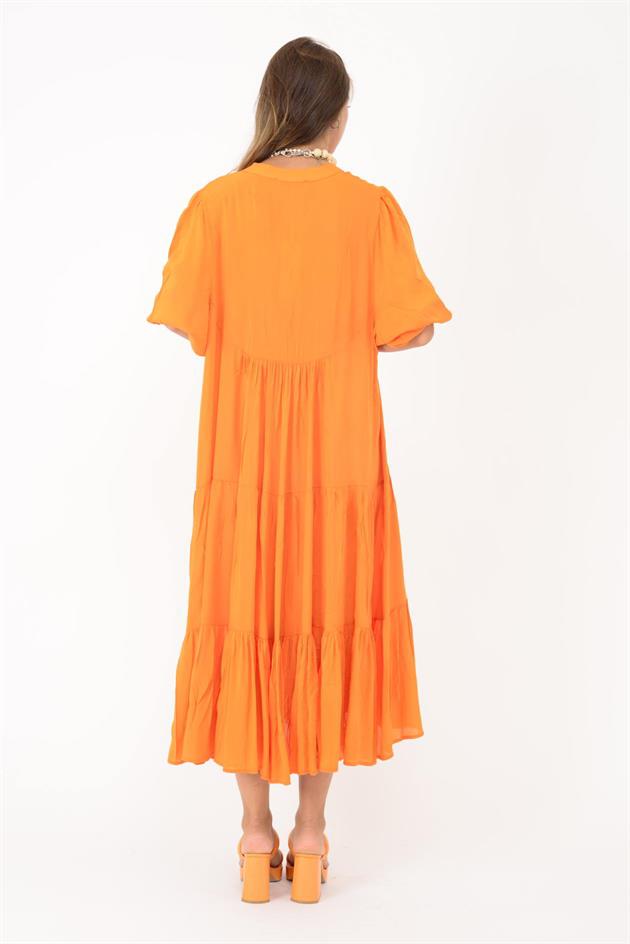 AN10728 CLEMENT BÜZGÜLÜ KOLLU PÜSKÜL DETAYLI VOLANLI ELBİSE