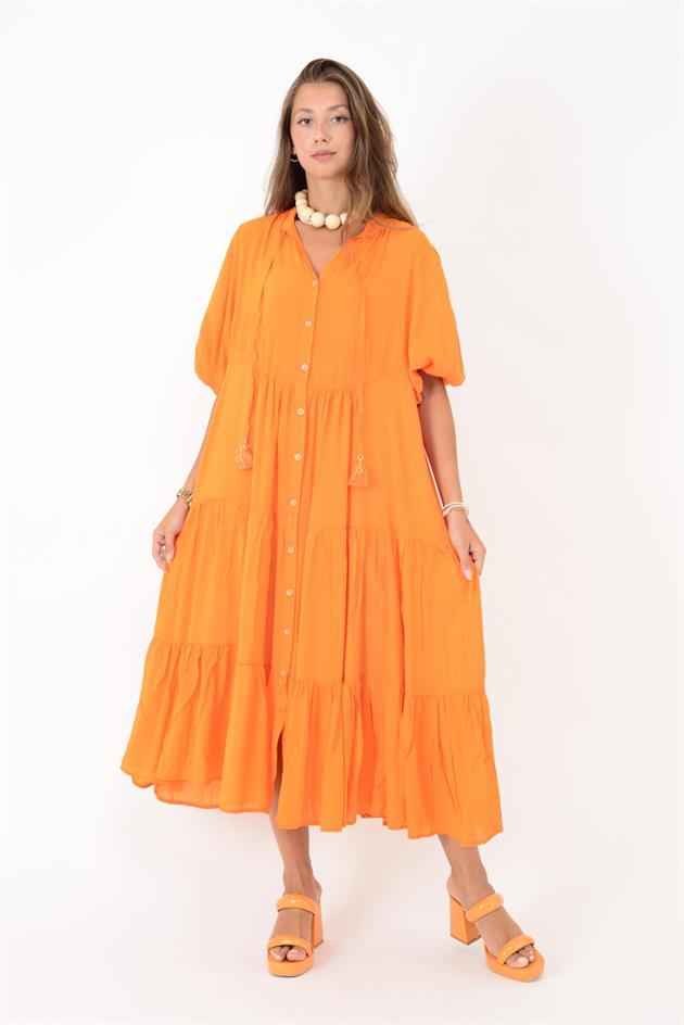 AN10728 CLEMENT BÜZGÜLÜ KOLLU PÜSKÜL DETAYLI VOLANLI ELBİSE