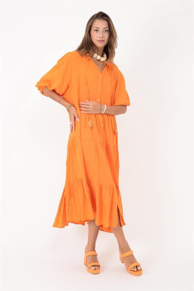 AN10728 CLEMENT BÜZGÜLÜ KOLLU PÜSKÜL DETAYLI VOLANLI ELBİSE