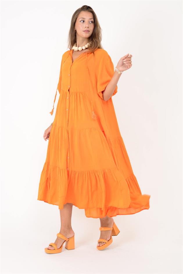 AN10728 CLEMENT BÜZGÜLÜ KOLLU PÜSKÜL DETAYLI VOLANLI ELBİSE