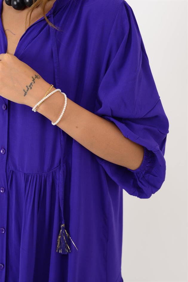 AN10728 CLEMENT BÜZGÜLÜ KOLLU PÜSKÜL DETAYLI VOLANLI ELBİSE