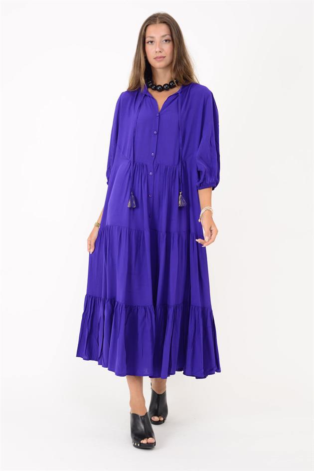 AN10728 CLEMENT BÜZGÜLÜ KOLLU PÜSKÜL DETAYLI VOLANLI ELBİSE