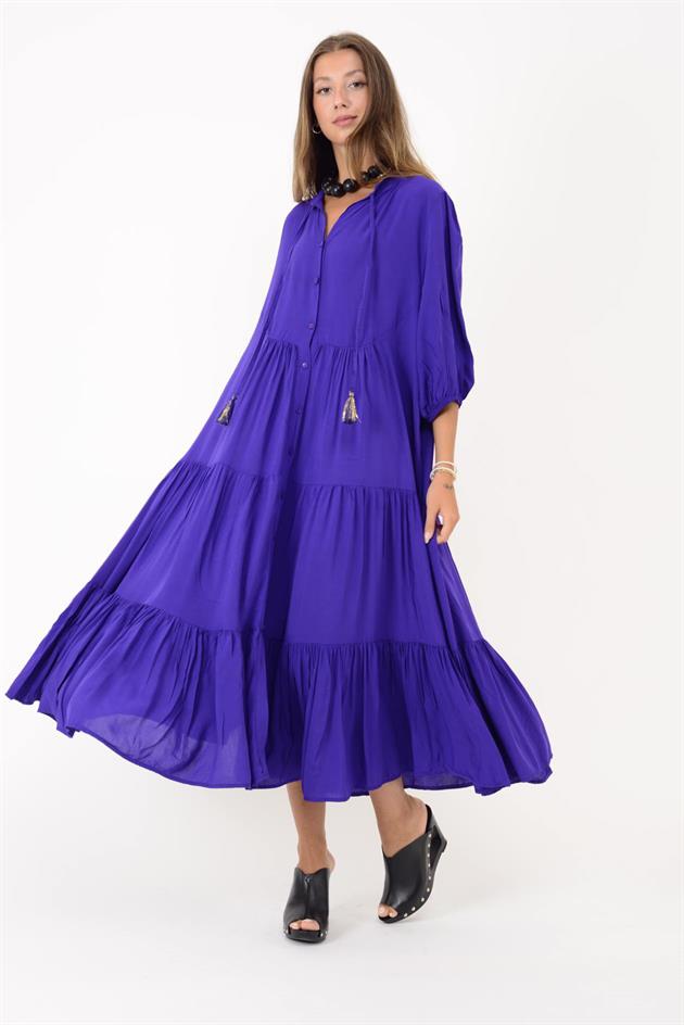 AN10728 CLEMENT BÜZGÜLÜ KOLLU PÜSKÜL DETAYLI VOLANLI ELBİSE