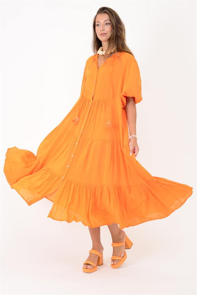 AN10728 CLEMENT BÜZGÜLÜ KOLLU PÜSKÜL DETAYLI VOLANLI ELBİSE