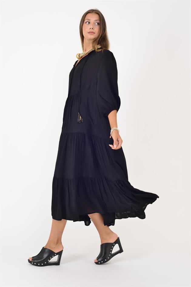 AN10728 CLEMENT BÜZGÜLÜ KOLLU PÜSKÜL DETAYLI VOLANLI ELBİSE