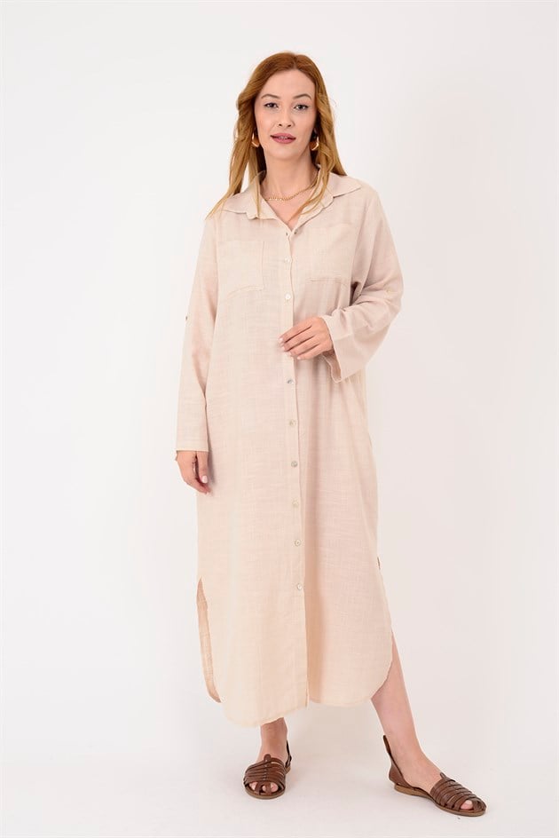 AN10730 CEPLERİ TAŞ İŞLEMELİ GÖMLEK ELBİSE