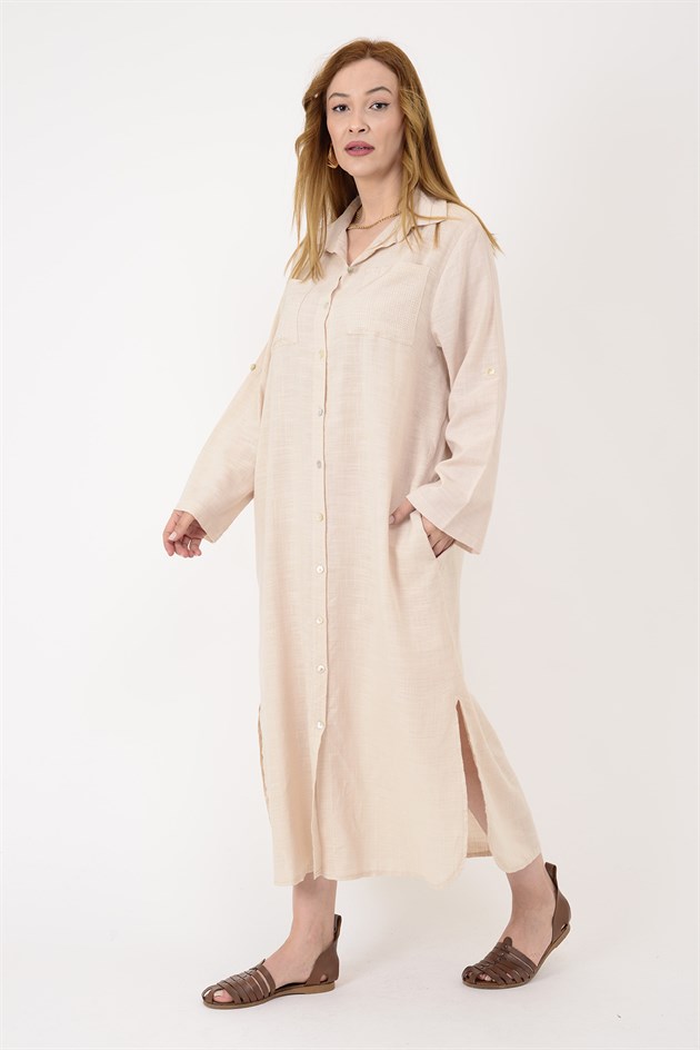 AN10730 CEPLERİ TAŞ İŞLEMELİ GÖMLEK ELBİSE