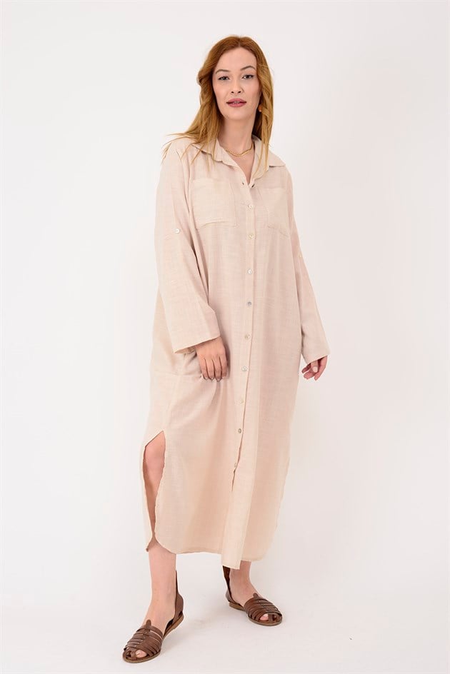 AN10730 CEPLERİ TAŞ İŞLEMELİ GÖMLEK ELBİSE