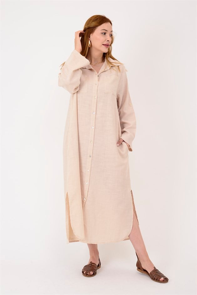 AN10730 CEPLERİ TAŞ İŞLEMELİ GÖMLEK ELBİSE