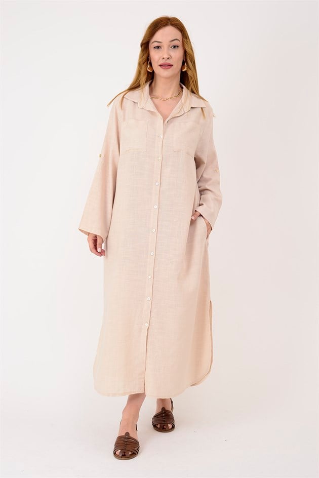 AN10730 CEPLERİ TAŞ İŞLEMELİ GÖMLEK ELBİSE