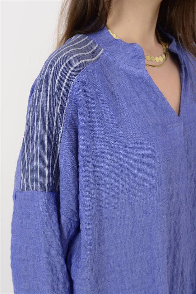 AN10742 EL İŞİ ÇİÇEK İŞLEMELİ V YAKA GOFRE ELBİSE