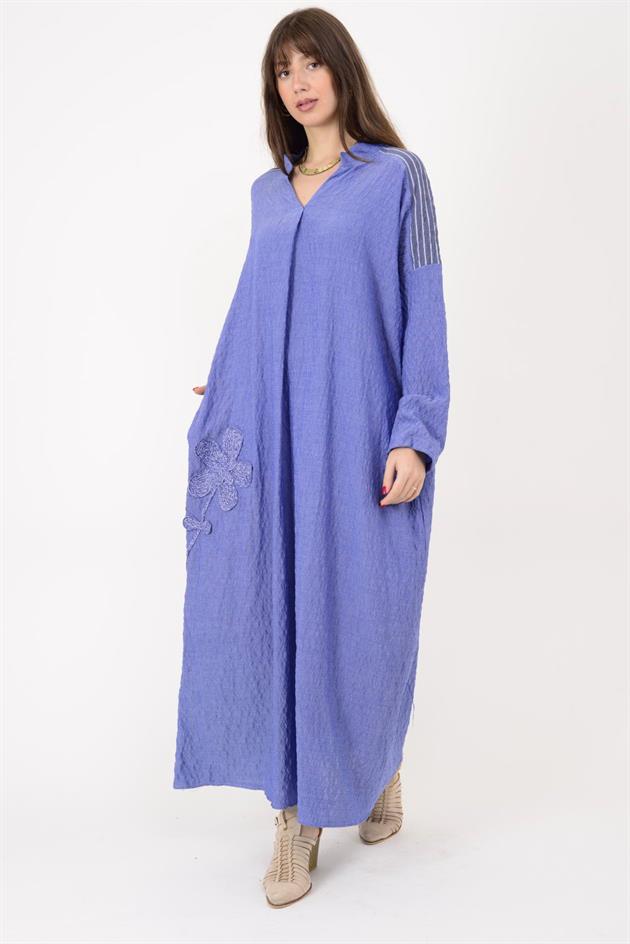 AN10742 EL İŞİ ÇİÇEK İŞLEMELİ V YAKA GOFRE ELBİSE