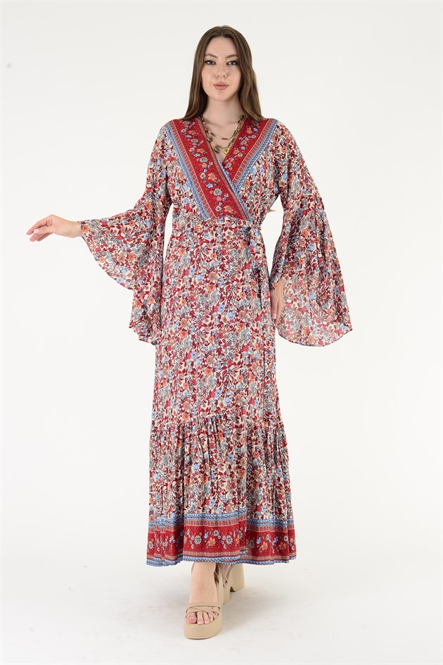 AN10748 ÇITIR ÇİÇEK DESEN KRUVAZE YAKA ELBİSE