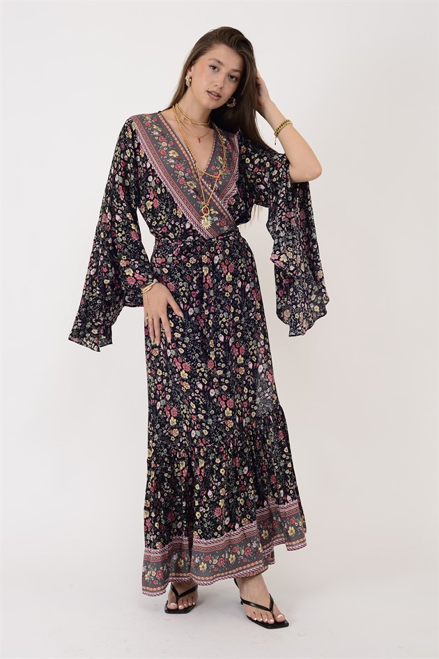 AN10748 ÇITIR ÇİÇEK DESEN KRUVAZE YAKA ELBİSE