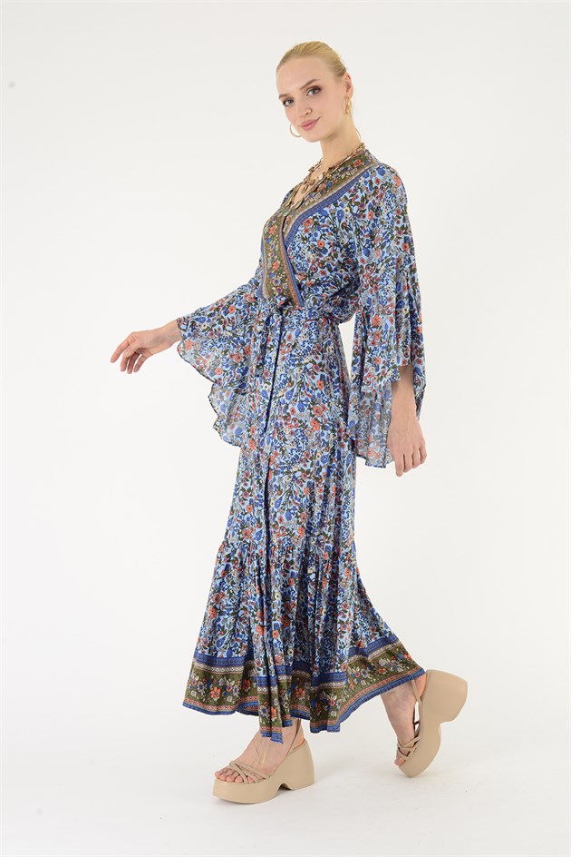 AN10748 ÇITIR ÇİÇEK DESEN KRUVAZE YAKA ELBİSE