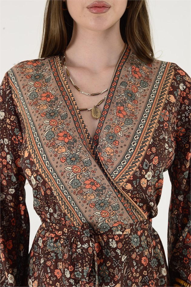 AN10748 ÇITIR ÇİÇEK DESEN KRUVAZE YAKA ELBİSE