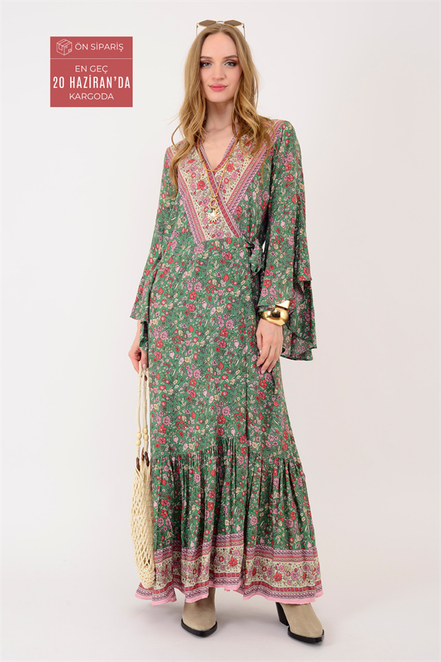 AN10748 ÇITIR ÇİÇEK DESEN KRUVAZE YAKA ELBİSE